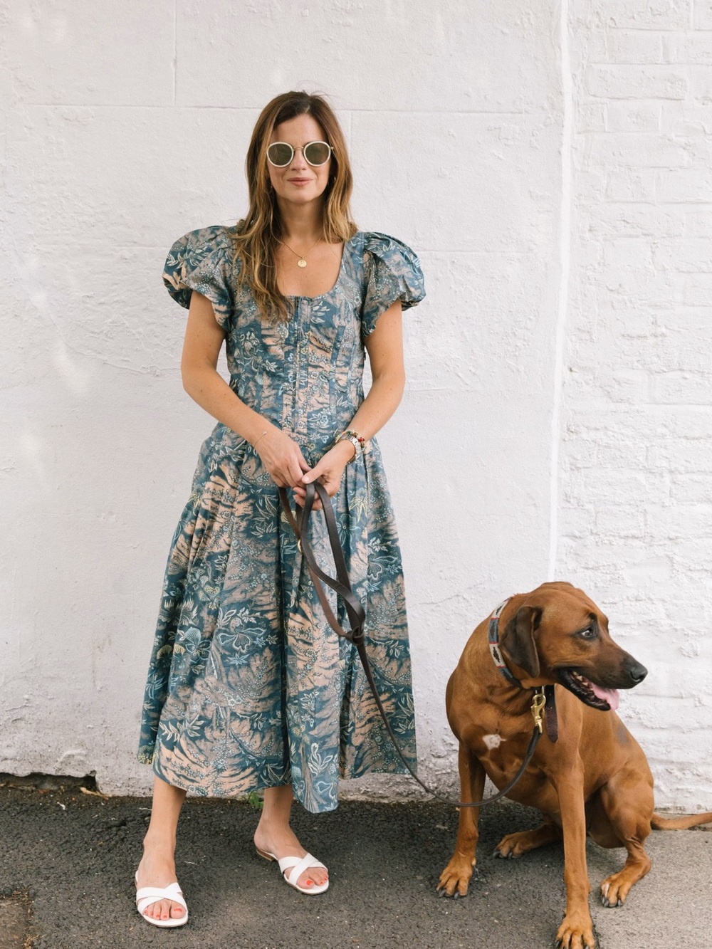 Ulla Johnson Blue and Cream Floral Puff-Sleeve Midi Dress